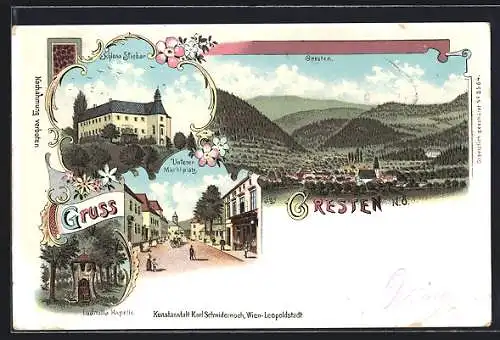 Lithographie Gresten, Schloss Stiebar, Ludmilla Kapelle, Unterer Marktplatz