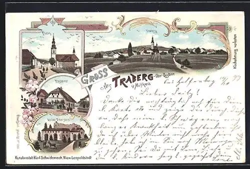 Lithographie Traberg i. Mühlkreis, Platz, Postamt, Ruine Piberstein, Fernblick zum Ort