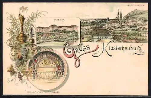 Lithographie Klosterneuburg, Kaserne, Fasslrutschen im Stiftskeller