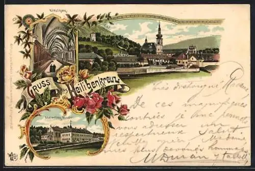 Lithographie Heiligenkreuz /Nied.-Oest., Blick auf den Ort, Maierling Kloster, Kreuzgang