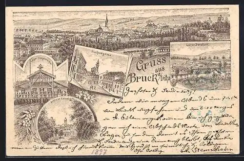 Lithographie Bruck a. Leitha, Kirchengasse, Hauptwache des Lagers, Schloss Harrach