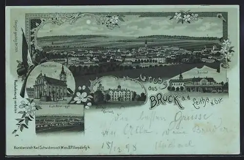 Mondschein-Lithographie Bruck a. d. Leitha, K. u. K. Militär-Lager, Bahnhof, Pfarrkirche