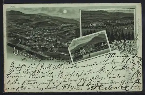 Mondschein-Lithographie Mürzzuschlag, Gasthof Curhaus, Hotel Lambach und Villen, Panorama