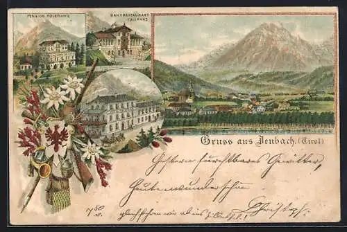 Lithographie Jenbach /Tirol, Bahnrestaurant Toleranz, Hotel Toleranz, Ortsansicht