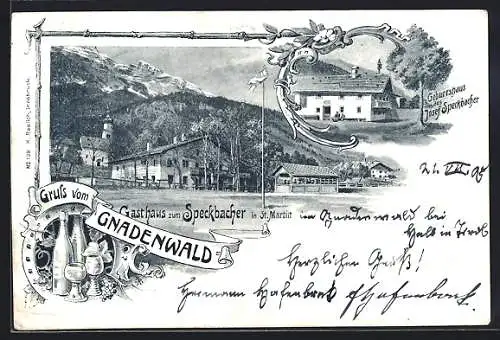 Lithographie St. Martin /Gnadenwald, Gasthaus zum Speckbacher, Josef Speckbacher`s Geburtshaus