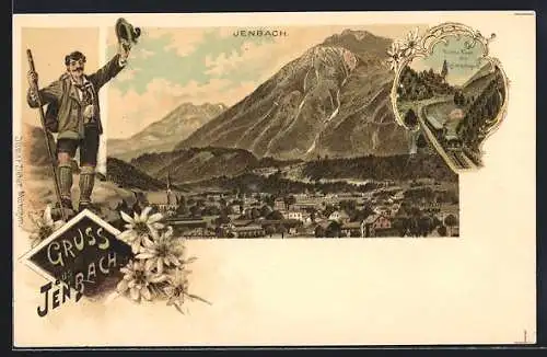 Lithographie Jenbach, Kirche Eben mit Zahnradbahn, Ortsansicht aus der Vogelschau