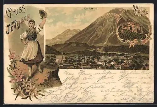 Lithographie Jenbach, Schloss Tratzburg, Frau in Tracht, Panorama