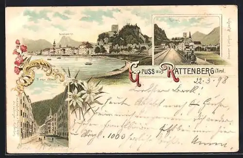 Lithographie Rattenberg / Tirol, Biener Strasse, Eisenbahn und Tunnel, Uferpartie mit Kaisergebirge
