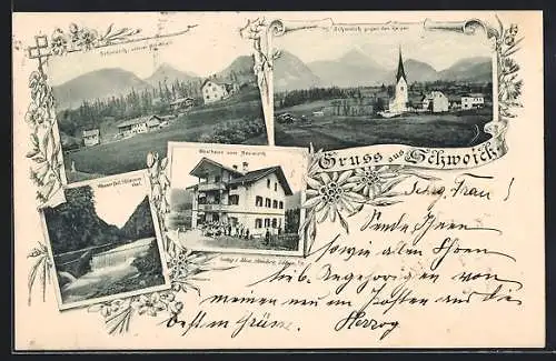 AK Schwoich, Gasthaus zum Neuwirth, Ortsansicht, Wasserfall