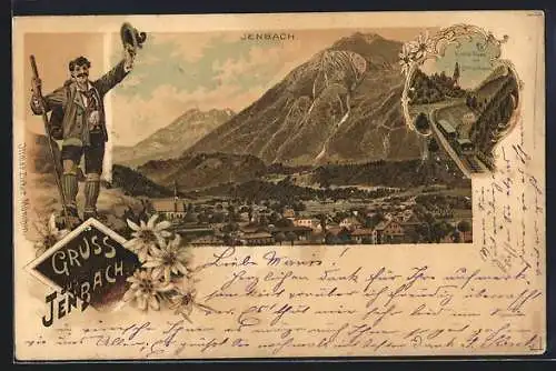 Lithographie Jenbach, Kirche Eben mit Zahnradbahn, Panorama