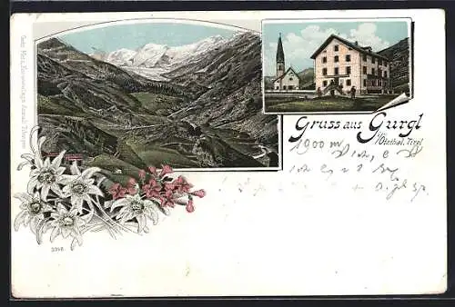 Lithographie Gurgl i. Ötzthal, Kirche und Hotel, Panorama