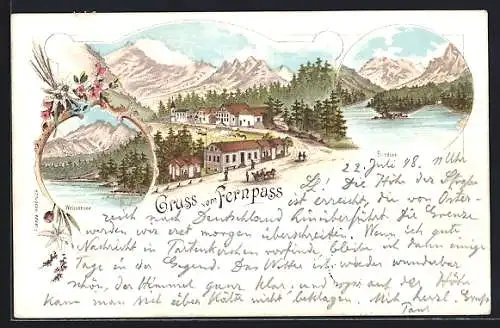 Lithographie Fernpass, Strassenpartie mit Häusern, Blindsee, Weissensee