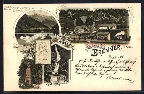 Lithographie Brenner, Häuser und Kirche, Brenner Wasserfall (Eisack Ursprung)