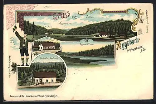 Lithographie Klausen-Leopoldsdorf, Agsbach, Stubreiter`s Gasthaus, Aggsbachklause, Forsthaus