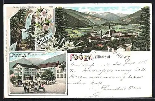 Lithographie Fügen i. Zillerthal, Gasthaus zur Post, Wasserfall bei Schlitters, Ortsansicht