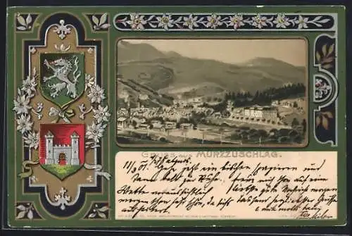 Lithographie Mürzzuschlag, Totalansicht, Wappen