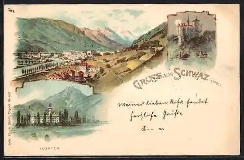 Lithographie Schwaz, Totalansicht mit Kirche