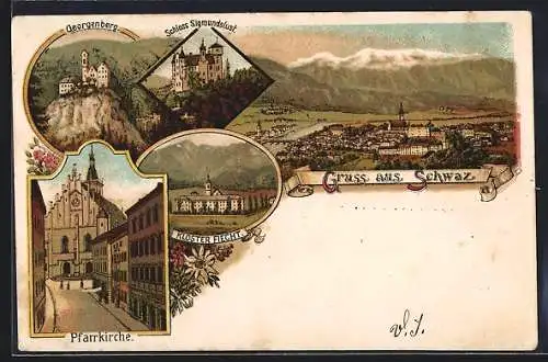 Lithographie Schwaz, Pfarrkirche, Kloster Fiecht, Schloss Sigmundslust