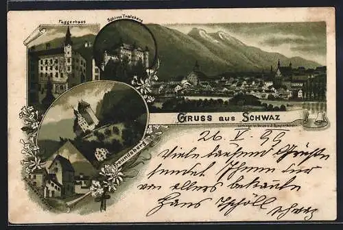 Lithographie Schwaz, Fuggerhaus, Schloss Tratzberg, Freundsberg, St. Michael Kapelle