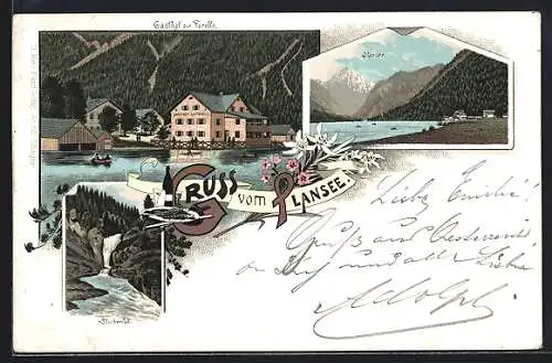 Lithographie Reutte, Plansee, Gasthof Forelle, Stuibenfall