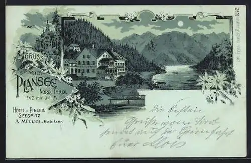 Mondschein-Lithographie Plansee /Tirol, Hotel und Pension Seespitz von A. Müller