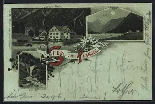 Mondschein-Lithographie Plansee, Gasthof zur Forelle, Stuibenfall