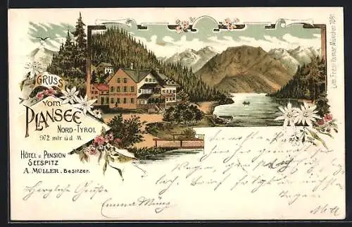 Lithographie Plansee, Hotel und Pension Seespitz von A. Müller