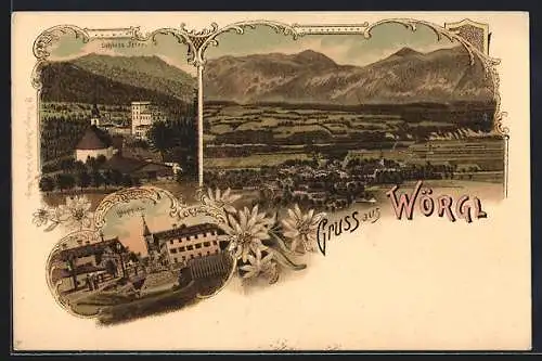 Lithographie Wörgl, Schloss Itter, Hauptplatz, Ortsansicht aus der Vogelschau