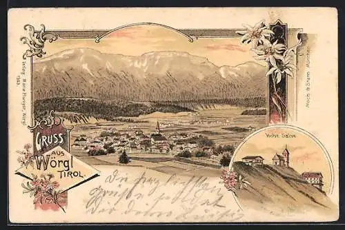 Lithographie Wörgl, Ortsansicht aus der Vogelschau, Hohe Salve