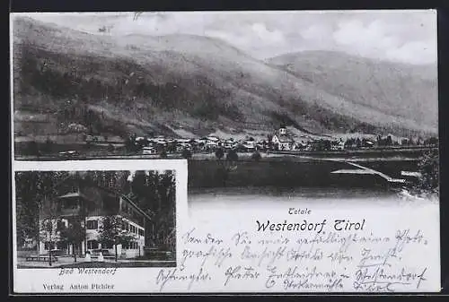 AK Westendorf in Tirol, Bad Westendorf, Ortspanorama mit Bergblick