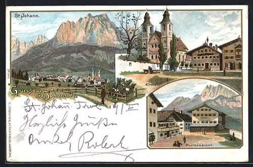 Lithographie St. Johann / Tirol, Ortsansicht, Kirche, Platzansicht