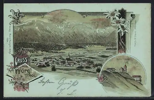 Mondschein-Lithographie Wörgl /Tirol, Ortsansicht mit Umgebung, Hohe Salve