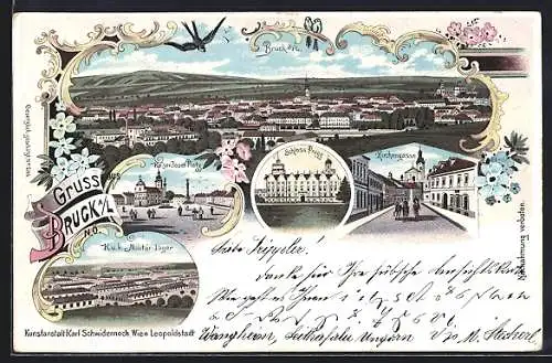 Lithographie Bruck a. L., Kaiser Josef Platz, Kirchengasse, K. u. K. Militär-Lager