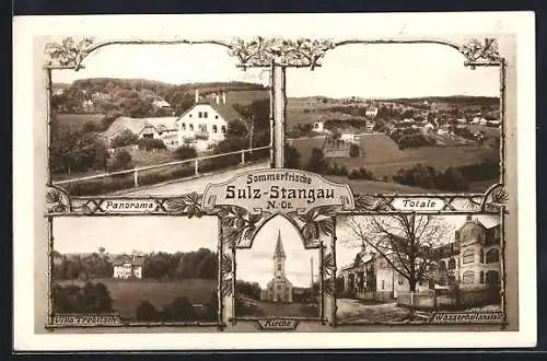 AK Sulz-Stangau, Totale, Villa Trebitsch, Kirche, Wasserheilanstalt