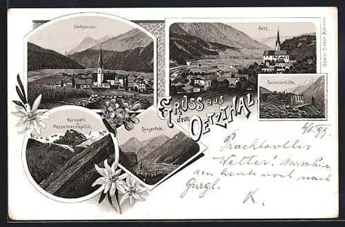 Lithographie Oetz /Oetzthal, Ortsansicht, Umhausen, Lengenfeld, Sanmoarhütte