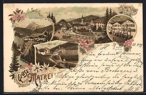 Lithographie Matrei, Ortsansicht, Gasthaus zur Krone, Wallfahrt-Waldrast