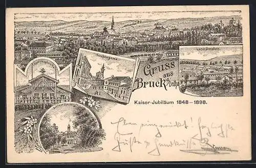 Lithographie Bruck a. Leitha, Kirchengasse, Lager-Hauptwache, Schloss Harrach