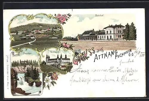 Lithographie Attnang-Puchheim, Bahnhof, Traunfall, Basilika