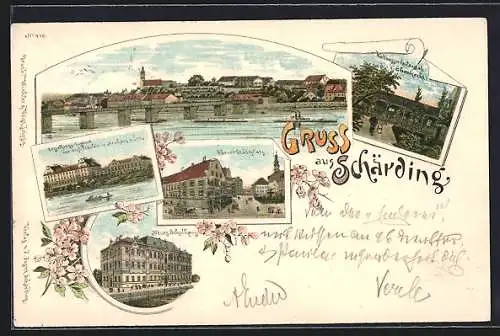 Lithographie Schärding, Wasserheilanstalt Ebenhecht, Stadtplatz, Neue Schule