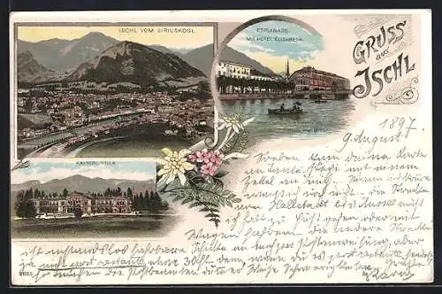 Lithographie Ischl, Kaiserliche Villa, Esplanade mit Hotel Elisabeth, Ortsansicht, Edelweiss