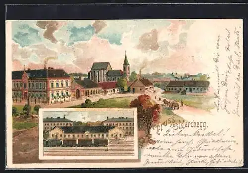 Lithographie Marchegg, Bahnhof mit haltendem Zug, Teilansicht der Stadt