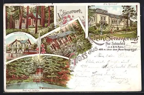 Lithographie Kreibitz, Klein-Semmering, Restaurant, Forsthaus, Teich mit Fontaine, Villa Raimund