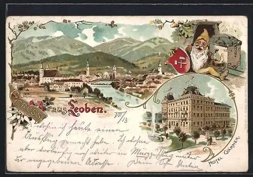 Lithographie Leoben, Gesamtansicht, Hotel Gärner, Zwerg