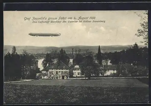 AK Salenstein, Graf Zeppelin`s Luftschiff überfliegt den Untersee bei Schloss Arenenberg