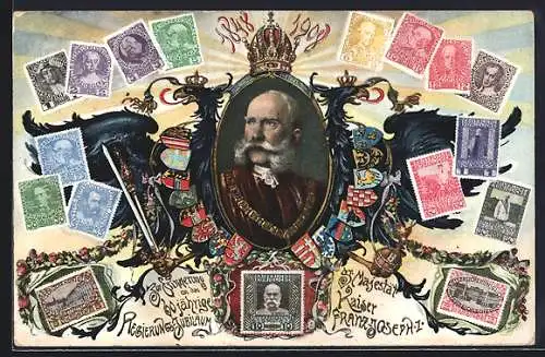 AK Portrait Kaiser Franz Josef I. von Österreich, verschiedene österreichische Briefmarken