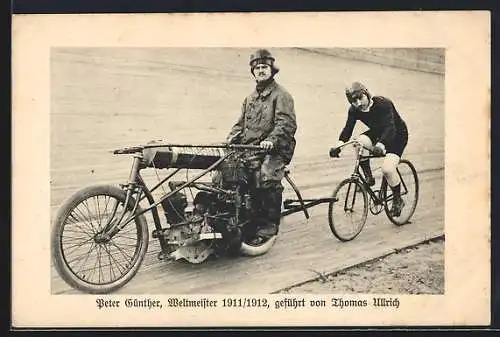 AK Radrennfahrer Peter Günther mit seinem Führer Thomas Ullrich auf dem Motorrad