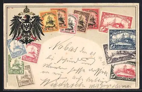 AK Deutsch-Südwestafrika, Briefmarken mit Schiffmotiven, Reichsadler mit Wappen