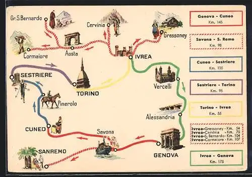 AK Strassenplan zwischen Ivrea und Genova, Tankstellen und Sehnswürdigkeiten