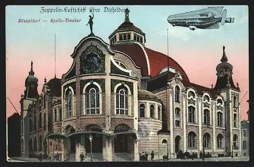 AK Düsseldorf, Zeppelin-Luftschiff über dem Apollo-Theater