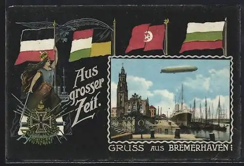 AK Bremerhaven, Zeppelin über dem Hafen, Passepartout mit Germania und den Flaggen der Mittelmächte